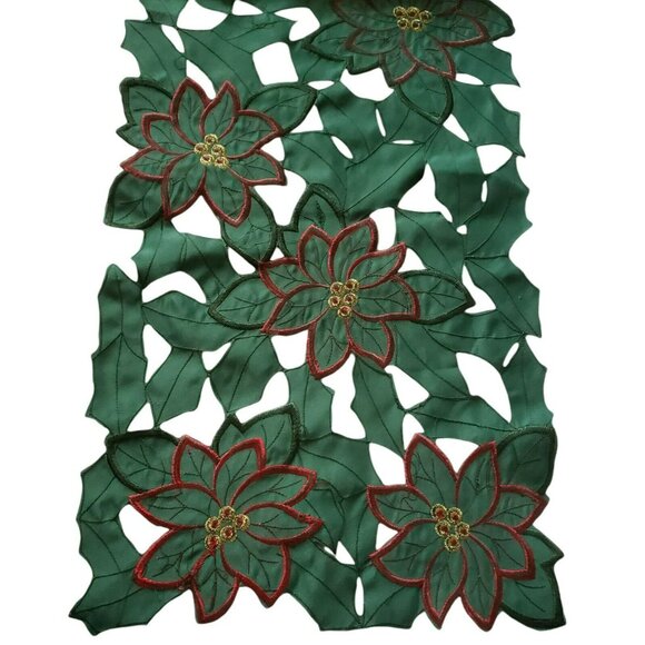 Poinsettia Table Runner Holiday Christmas Floral Cut Out Embroidery Mantel Decor - Picture 5 of 7